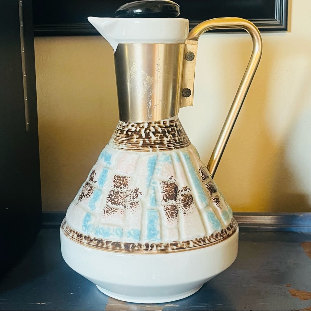Vintage  C. Miller Ceramic Pitcher with Brass Handle - Cream, Brown & Light Blue